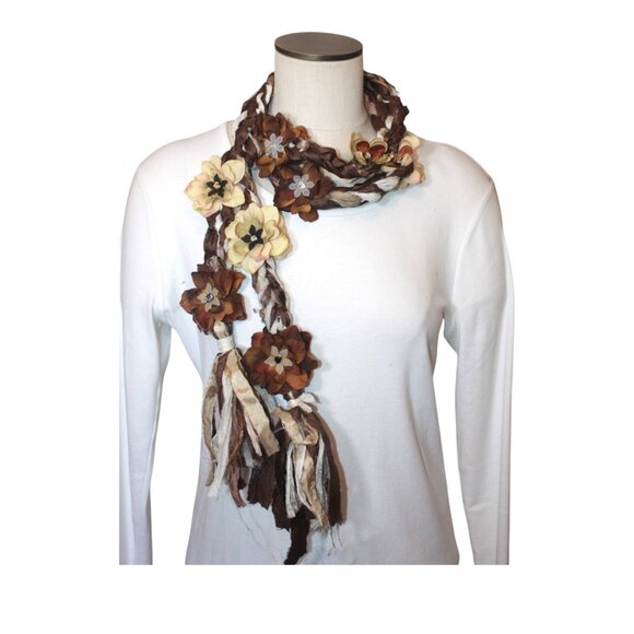 Cream Cotton Shawl, Ivory Evening Scarf, Brown Boho Wrap  Crocheted Recycled Sari Silk Scarf, Brown Cream, Silk Flower Embellishment